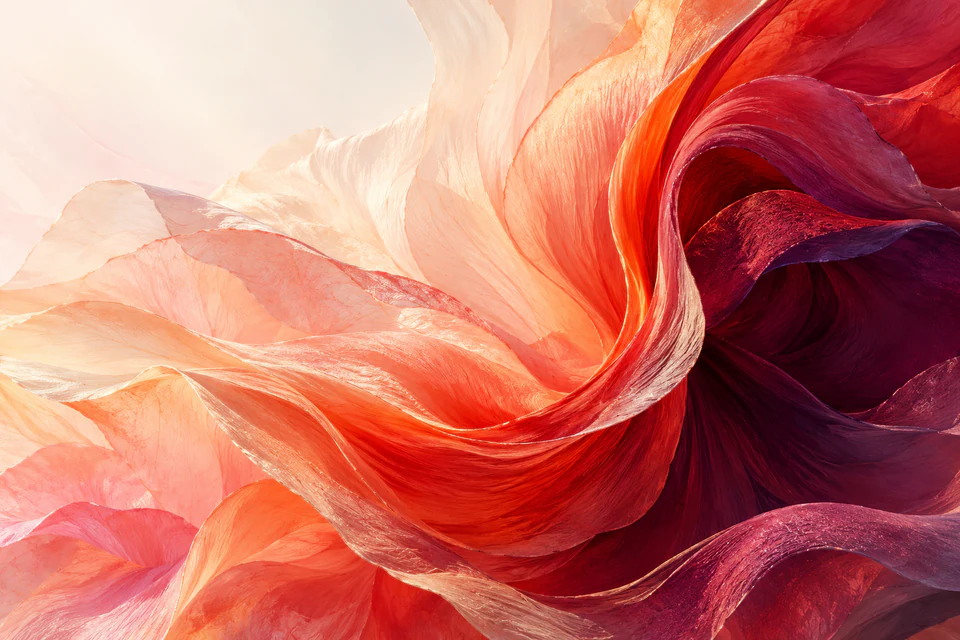 A flowing vermilion and plum wave opens into translucent peach and pearl-coloured veils.